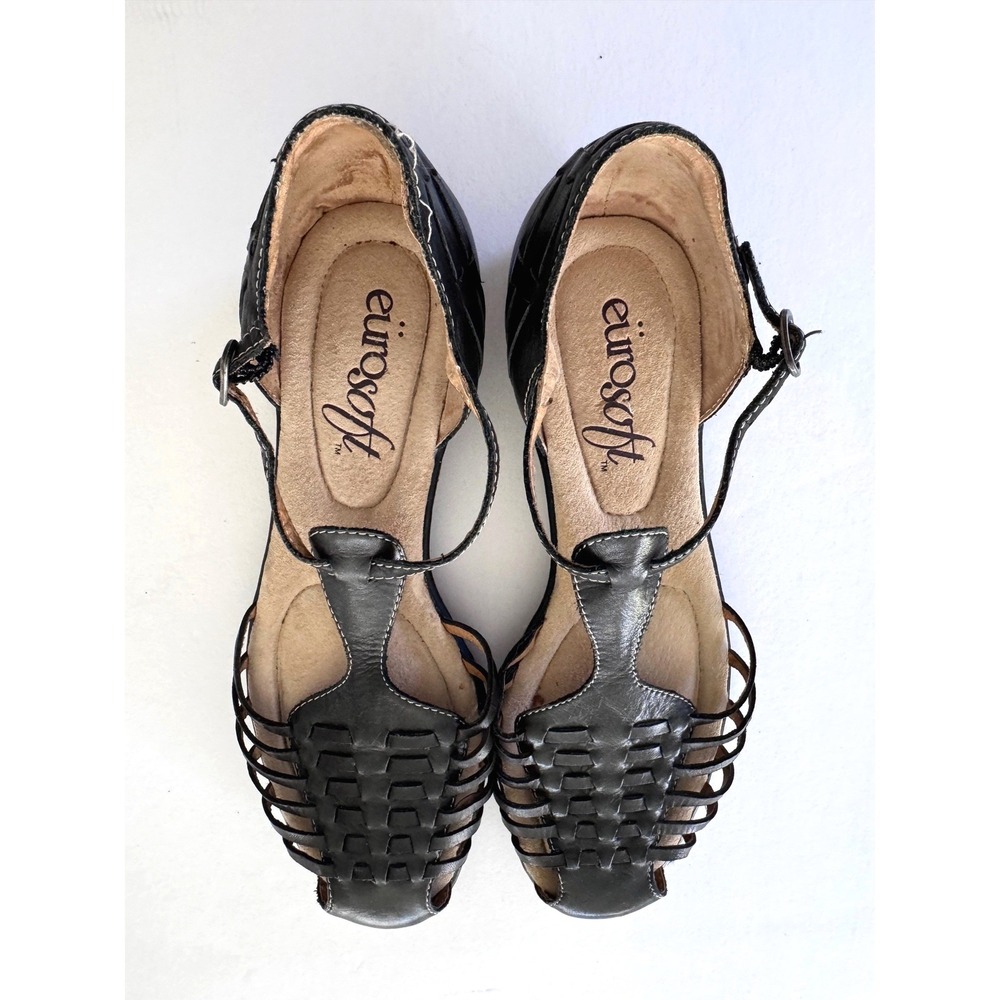 Eurosoft Allison Black Leather Woven Sandals 8M Retro Bohemian Chic